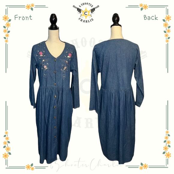 Vintage Green Field Denim Chambray Dress Rhinestones Studs Embroidery Flowers MD - Picture 8 of 8
